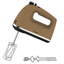 Brown electric hand mixer with detachable beaters and dough hooks.
