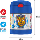 Paw Patrol themed 10oz Thermos FUNtainer insulated food jar with foldable spoon inside lid with dimensions on a white background.