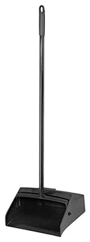 Superio Commercial Folding Lobby Dustpan with Wheels, featuring a durable black plastic pan and a long, dark metal handle with a comfortable grip. Designed for hands-free sweeping in commercial and industrial settings.