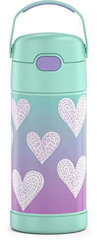 THERMOS FUNTAINER 12 Ounce Stainless Steel Vacuum Insulated Kids Straw Bottle, Purple Hearts