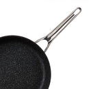 Black non-stick frying pan with a speckled stone finish and stainless steel handle. Durable, scratch-resistant, and perfect for everyday cooking on all stovetops.