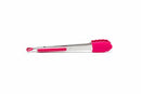 Stainless steel kitchen tongs with vibrant pink silicone tips and grip. Features a scalloped edge for a secure hold and a locking mechanism for easy storage.