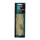 A polished brass barrel bolt latch consists of a rectangular mounting plate with decorative curved edges and four screw holes. A cylindrical bolt slides horizontally within a channel on the plate, controlled by a small handle. The bolt extends to engage with a separate staple or receiver plate, also made of brass and featuring two screw holes for mounting.
