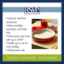 A round, red stoneware tortilla warmer with a ribbed texture, a matching lid, and a small round knob handle.