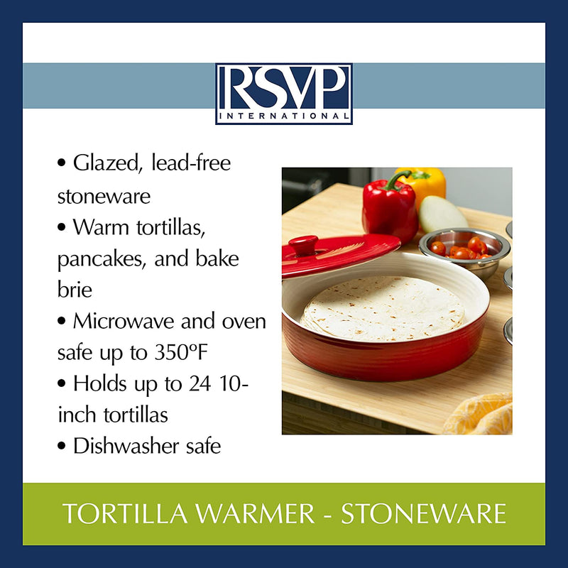 RSVP International Stoneware Tortilla Warmer & Server with Lid, Dishwasher, Microwave and Oven Safe, 10" Dia x 3", Red