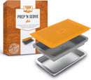 Yukon Glory Grill Prep 'N Serve Set with plastic tray, stainless steel tray, and orange snap-on lid stacked on a white background.