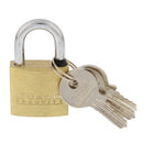 A small, solid brass padlock with a shiny shackle. Two silver-colored keys are attached to a ring and hang from the shackle.