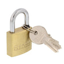A small, solid brass padlock with a shiny shackle. Two silver-colored keys are attached to a ring and hang from the shackle.