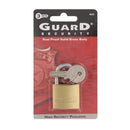 A small, solid brass padlock with a shiny shackle. Two silver-colored keys are attached to a ring and hang from the shackle.