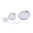 Set of three stainless steel fine mesh strainers with broad rims and long wire handles, displayed on a white background