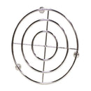 A Home Basics Chrome Sphere Collection Trivet, featuring a circular design composed of concentric rings and intersecting straight bars, all made of shiny chrome metal. The trivet is supported by three spherical feet visible at the edges.