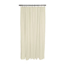 A simple, plain beige shower curtain liner hanging from a rod, showing its full length.