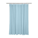 A simple, plain light blue shower curtain liner hanging from a rod, showing its full length.


