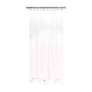 A plain, clear plastic shower curtain liner hanging from a metal rod with 12 hooks, with metal grommets visible along the top edge.