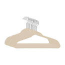 This is a set of beige velvet hangers with a slim, space-saving design. The velvet coating provides a non-slip grip, keeping clothes secure and preventing slipping or creasing. The chrome swivel hooks offer durability and easy hanging. These lightweight yet sturdy hangers are perfect for organizing a closet efficiently.