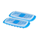 Two blue silicone ice cube trays with clear, spill-proof lids, perfect for making ice or freezing baby food.