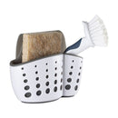 Space-saving kitchen sink organizer, OXO Good Grips, white and gray, with separate compartments for sponge and brush