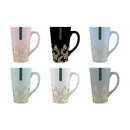 Six Laura Ashley tall ceramic mugs in assorted colors, featuring a gold leaf pattern and a sleek handle. Available in pink, black, blue, mint green, white, and gray. Elegant and stylish design, perfect for coffee, tea, or hot beverages.