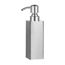 A tall, square-shaped, brushed stainless steel liquid soap or lotion dispenser with a curved pump nozzle.