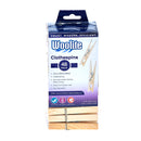 Pack of 48 Woolite wooden clothespins made from natural birch wood with a 7-coil spring. Rust-resistant and designed for securely holding clothes while drying. Suitable for indoor and outdoor use. Packaging features a blue and white design with product details.
