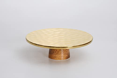 Pampa Bay Wood Look Titanium-Plated Porcelain Cake Stand, 11.8 Inch, Gold/White/Wood Look
