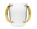 Clear acrylic Godinger wash cup featuring two large, curved gold-toned handles.
