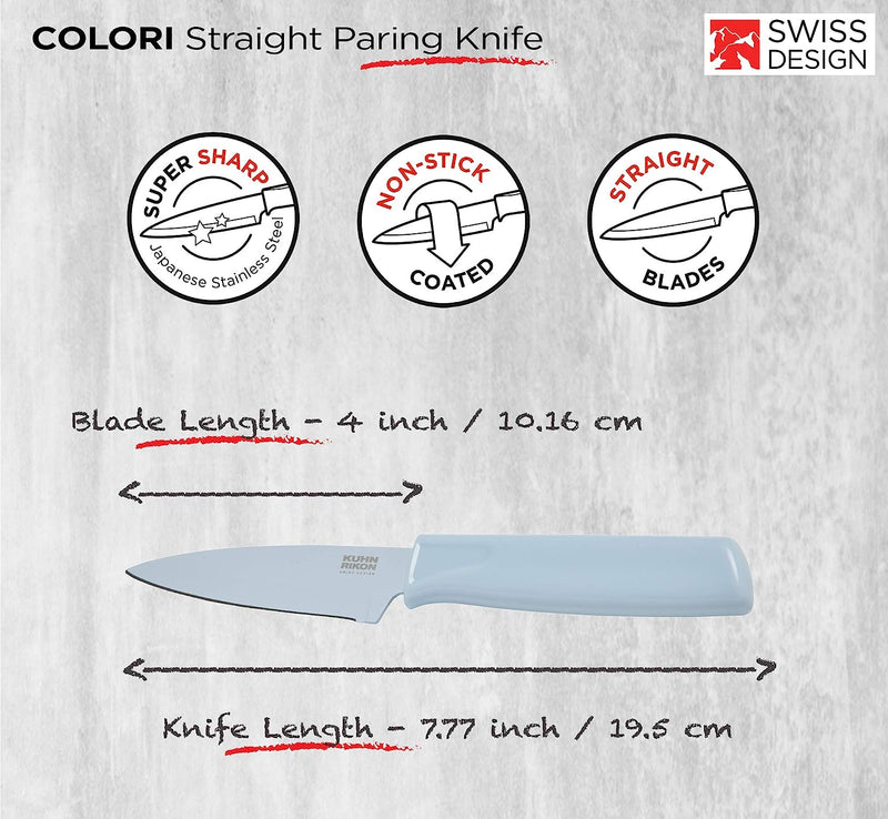 Kuhn Rikon Colori Non-Stick Straight Paring Knife with Safety Sheath, 4 inch/10.16 cm Blade, Sea Salt