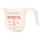 The Norpro 1 Cup Measure Cup is a clear plastic measuring tool with a handle, showcasing red measurement markings for up to 8 ounces or 1 cup. It includes smaller increments of 1/4, 1/3, 1/2, and 2/3 cup, along with milliliter equivalents.
