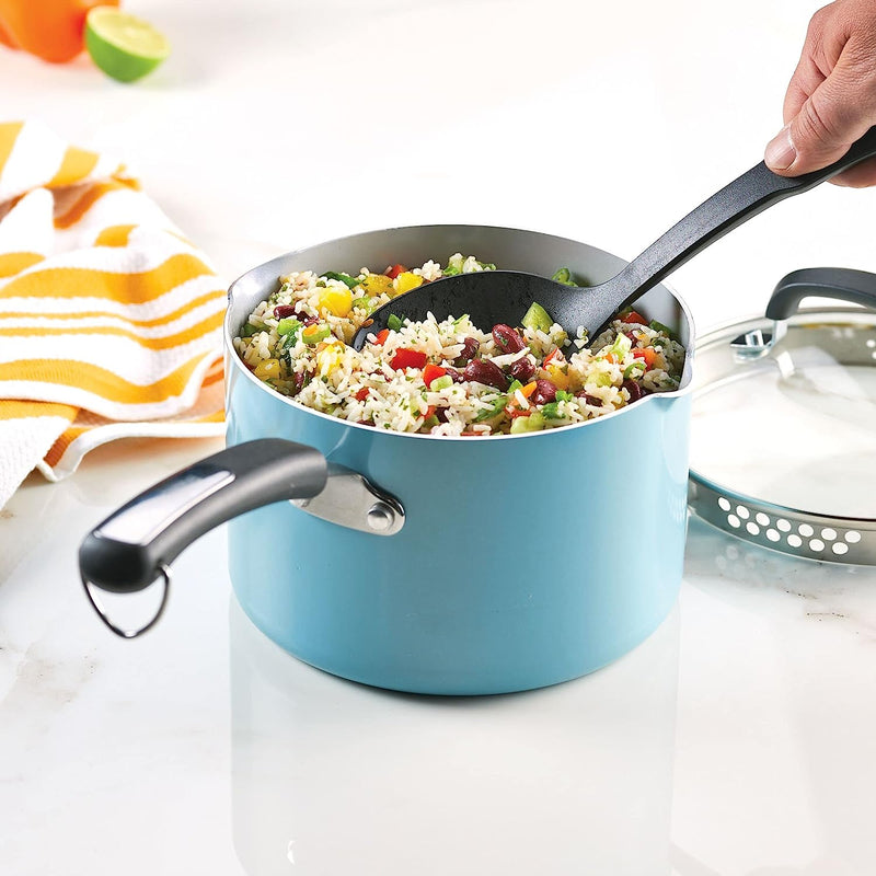 Farberware EcoAdvantage Ceramic Nonstick Straining Saucepan/Sauce Pan with Lid, 3 Quart, Aqua