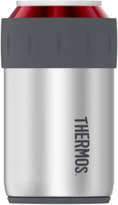 A short, silver stainless steel beverage insulator (coozie) with a removable gray rubber collar/gasket at the top. The Thermos logo is vertical on the side.