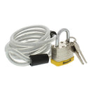 Coiled 6-foot vinyl-coated steel cable with loop ends and a heavy-duty padlock, shown with two included keys on a white background.