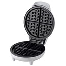 White compact waffle maker with non-stick cooking plates.