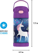 THERMOS FUNTAINER 12-ounce stainless steel kids water bottle with Space Unicorn design, shown with dimensions on a white background.