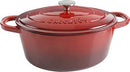 Red enameled 7-quart cast iron Dutch oven with matching lid on a white background.