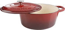 Red enameled 7-quart cast iron Dutch oven with matching lid on a white background.
