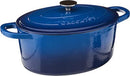 Blue enameled 7-quart cast iron Dutch oven with lid on a white background.