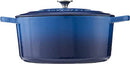 Blue enameled 7-quart cast iron Dutch oven with lid on a white background.