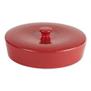 A round, red stoneware tortilla warmer with a ribbed texture, a matching lid, and a small round knob handle.
