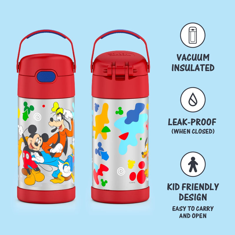 THERMOS FUNTAINER 12 Ounce Stainless Steel Vacuum Insulated Kids Straw Bottle, Mickey Mouse