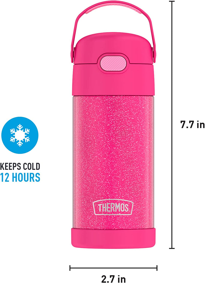 THERMOS FUNTAINER 12 Ounce Stainless Steel Vacuum Insulated Kids Straw Bottle, Pink Glitter