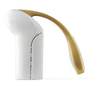 A sleek Rabbit Vertical Lever Corkscrew, featuring a white body with a subtle circular detail on the left side, and a gracefully curved golden lever that extends from the back, creating a modern, minimalist silhouette.