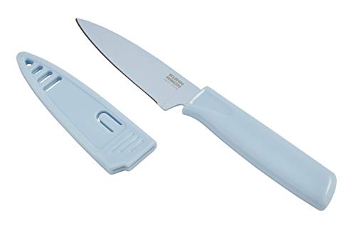 Kuhn Rikon Colori Non-Stick Straight Paring Knife with Safety Sheath, 4 inch/10.16 cm Blade, Sea Salt