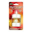 Set of 2 LED tea light candles with flickering flame effect, battery-operated, flameless design.
