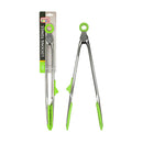A pair of The Kosher Cook heavy-duty stainless steel locking tongs with vibrant green silicone tips and handle accents. One pair is shown in its original packaging, which is white and features the Kosher Cook logo and "LOCKING TONGS" text. The packaging also indicates "PARVE." The other pair of tongs is shown fully extended.
