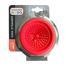 Red silicone kitchen sink strainer for meat use, labeled for kosher kitchens, displayed on a white background.