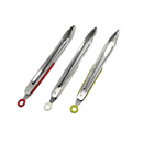 Stainless steel kitchen tongs with colored silicone grips and looped locking mechanisms. Features red, white, or green accents for easy identification and secure handling.