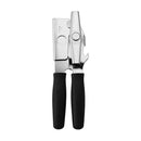 Black portable can opener with ergonomic cushioned handles and built-in bottle opener.
