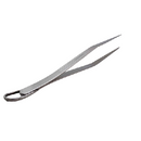 A stainless steel kitchen tong with a sleek, curved design and pointed tips. The tong has a looped end for easy hanging and features a ridged grip on the handles for better control.
