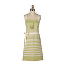 A full-length cotton kitchen apron on a mannequin. It has alternating light green and cream horizontal stripes, a small mortar and pestle graphic, and cream neck and waist ties.