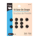 Dritz 10 sew-on snaps in black-brass finish, size 1/0, displayed on packaging with bilingual labeling.